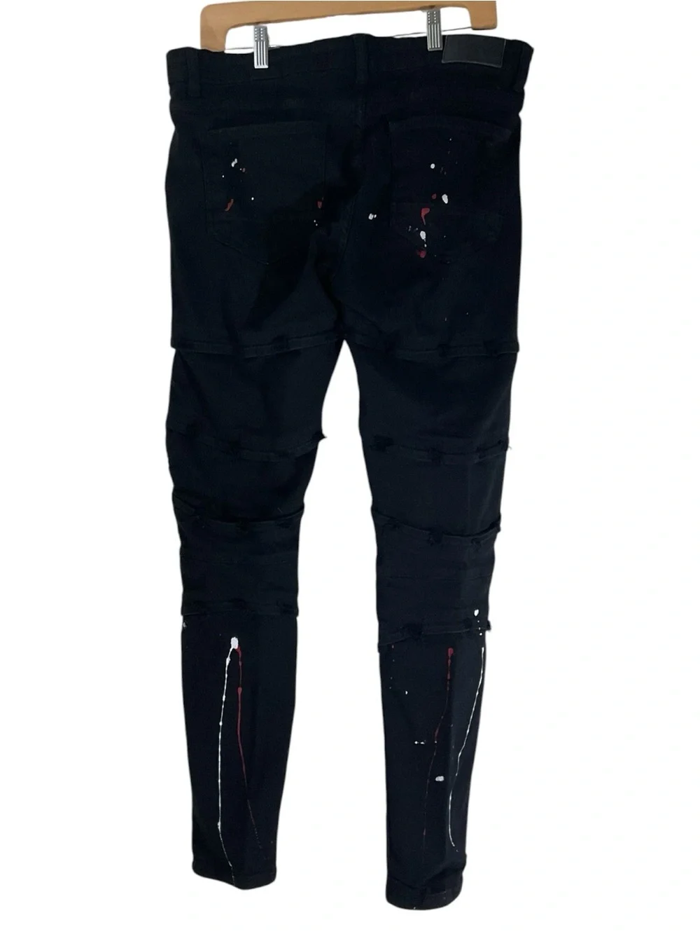 Focus Men’s 34x30 Moto Skinny Jeans Broken Heart Paint Splatter Distressed Black